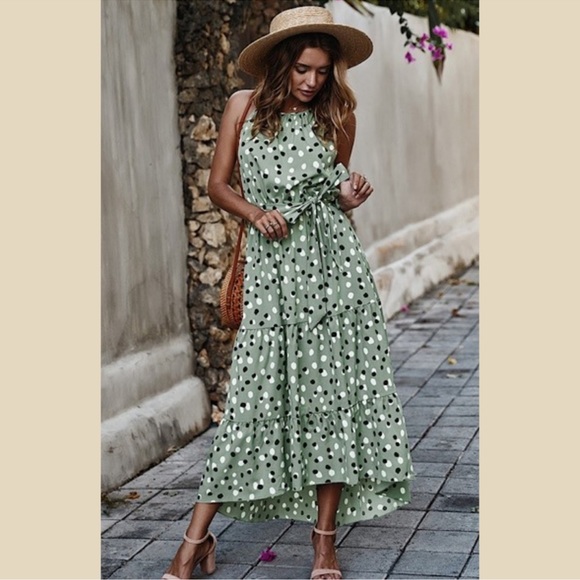 Dresses & Skirts - Polka dot halter dress belted maxi sleeveless green black white L